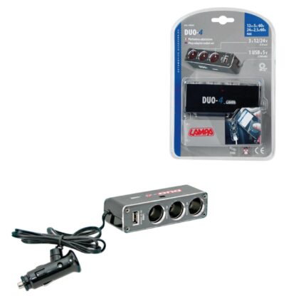 ADAPTADOR ENCHUFE MECHERO DUO-4 3 TOMAS 1 USB 12/24V