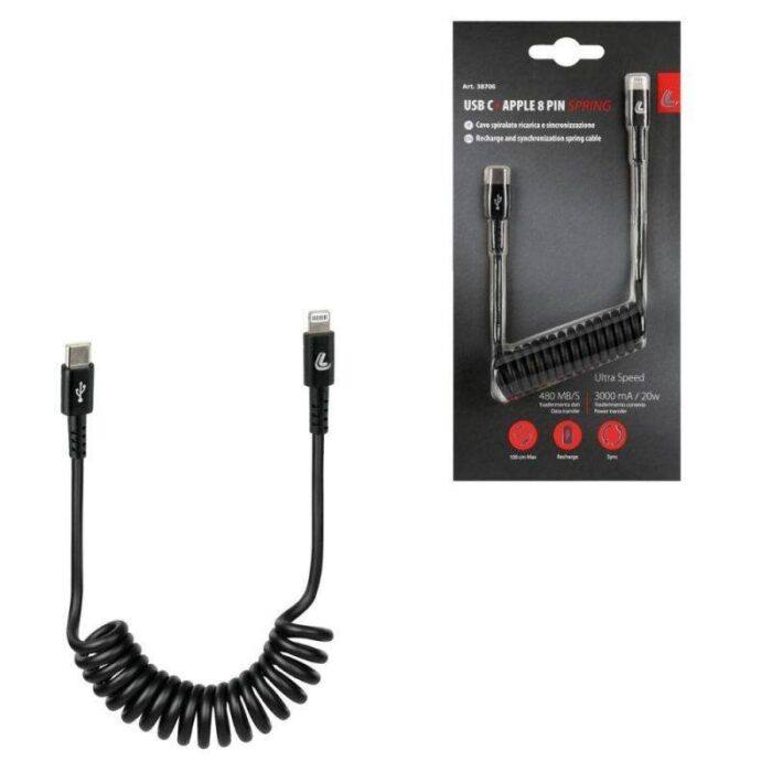 CABLE EN ESPIAL USB TIPO C> APPLE 8 PIN 100 CM NEGRO