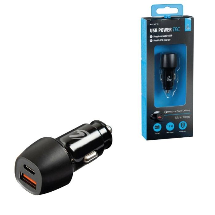 CARGADOR DE BATERIA PUERTO USB Y PUERTO TIPO C - 18W - 12/24V