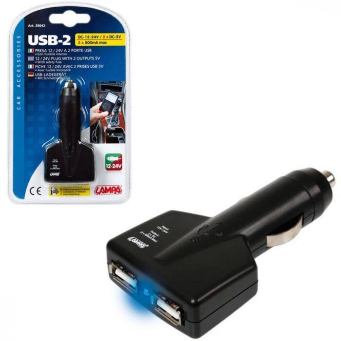 ENCHUFE MECHERO 2 PUERTOS USB 12/24V 1000MA