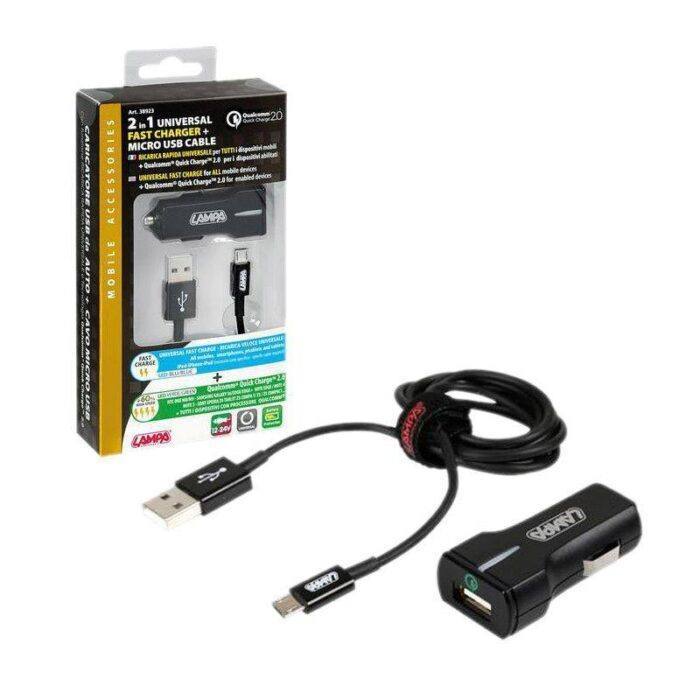 KIT UNIVERSAL 2 EN 1 USB Y MICRO USB CARGA ULTRA RAPIDA 12/24V