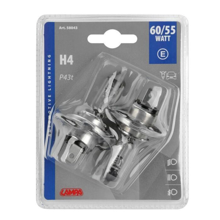 LAMPARA H4 12V 60/55W P43T HOMOLOGACION E (BLISTER 2 UNIDADES)